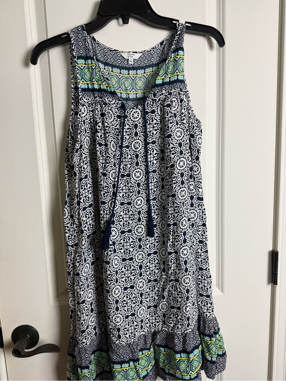 crown & ivy Navy and White Printed Midi Dress with Green Trim